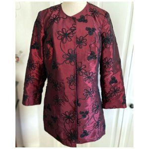 3 Sisters Jacket Womens Open Front Medium Red Black Embroidered Taffeta Coat